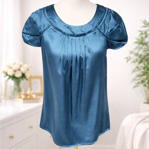 BCBG Max Azria Silk Blend Teal Satin Pleated Blouse Puff Sleeve Top S